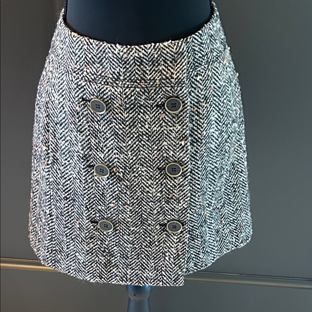 LOFT Black & White Herringbone Double-Button Mini Skirt